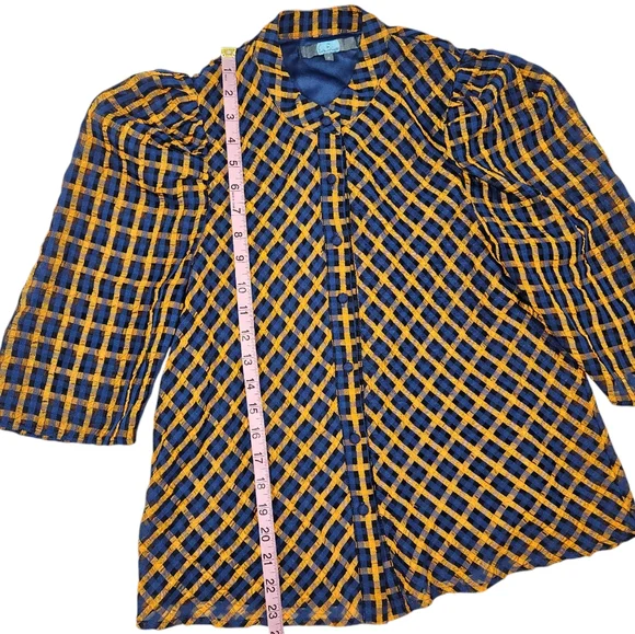 Eva Franco Anthropologie Textured Blue Yellow Plaid Blouse Size 2 Puff Sleeves - Picture 14 of 16